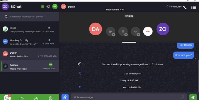 Screenshot of the BChat messaging app showing a call interface with 'Dalish' that includes a voice message ('Hey Dalish') and text message ('How are you?').