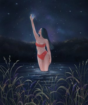 The image features a woman standing in water, holding up her hand as if reaching for something or someone above her head. She appears to be wearing a red bikini top and is surrounded by tall grasses that extend into the background of the scene. The sky overhead is dark with numerous stars, creating an atmosphere of mystery and wonder. The post "Lost wishes" suggests that this image might have been created as part of a wish-granting or wish-fulfilling project, where the woman's actions are meant to bring about a desired outcome.