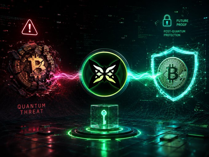 A futuristic digital graphic depicting the crypto space split between a 'QUANTUM THREAT' (red warning with cracked Bitcoin) and 'POST-QUANTUM PROTECTION' (green lock with shielded Bitcoin), with a glowing butterfly-mask logo in the center above a locked vault.