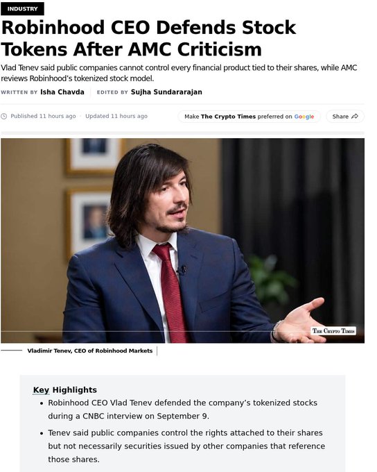 A screenshot of a news article titled "Robinhood CEO Defends Stock Tokens After AMC Criticism," featuring a photo of Vladimir Tenev in a suit during a CNBC interview, with the post's caption highlighting Tenev's defense of tokenized stocks amid AMC's review of Robinhood's model.