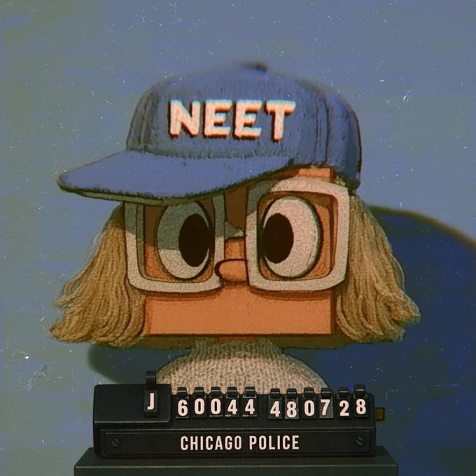 A stylized cartoon character wearing glasses and a cap labeled 'NEET' positioned above a Chicago Police booking number plate reading '60044 480728'.