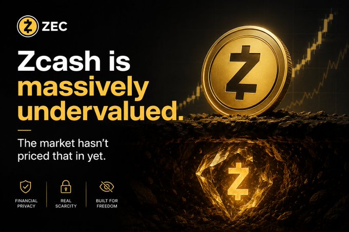 A promotional graphic for Zcash (ZEC) boldly declaring "Zcash is massively undervalued" with a tagline "The market hasn't priced that in yet," accompanied by three icons highlighting "Financial Privacy," "Real Scarcity," and "Built for Freedom." The image features a large gold ZEC coin rising from an underground rock formation with an upward chart trend, reinforcing the post's sentiment that $ZEC is "very early" and poised for growth.