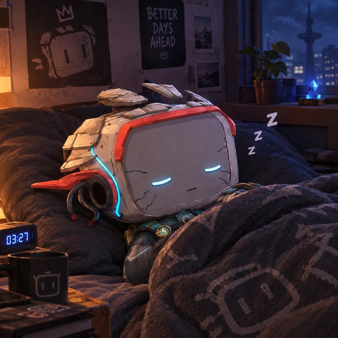 A digital illustration of a cute robot character sleeping under blankets with 'Zzz' symbols, while a digital clock reads '03:27' and a poster on the wall says 'BETTER DAYS AHEAD'.