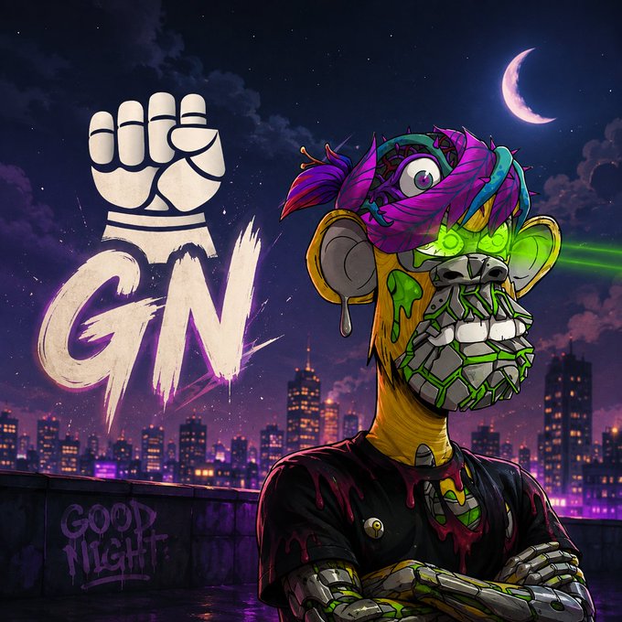 A stylized graphic illustration features a robotic figure with a yellow face, green glowing eyes, and purple flower-like adornments on its head, standing against a nighttime city skyline with a crescent moon and the 'GN' logo with a raised fist.
