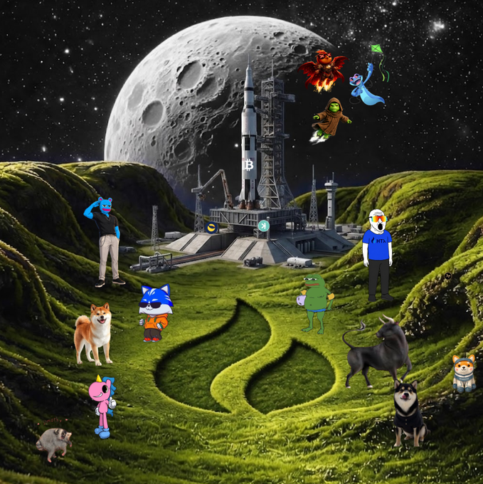 A whimsical cosmic scene features various cartoon mascots—including Pepe, Wojak, Doge, a Shiba Inu, and others—gathered on a green alien landscape with a large moon and rocket launch pad in the background, symbolizing $LUNC's aspirational message of "changing the future of finance."