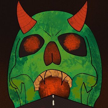 A cartoonish digital illustration of a green-skinned horned monster with glowing orange eyes, bared teeth, and an open mouth on a dark background.