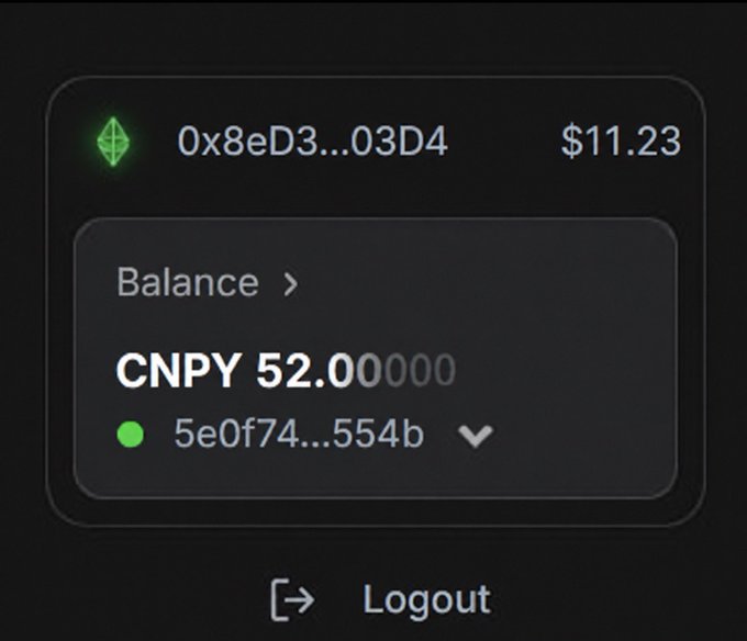 A screenshot of the Canopy Network wallet interface shows an Ethereum address (0x8eD3...03D4) displaying a balance of 52 CNPY tokens (worth $11.23 at the time), corresponding to the airdrop allocation described in the post.