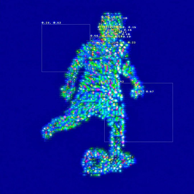 A blue background displays a multicolored point-cloud visualization of a figure with overlaid coordinate numbers and bounding boxes.
