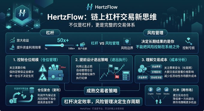 A Chinese-language infographic titled "HertzFlow: 链上杠杆交易新思维" (HertzFlow: New Thinking on On-chain Leveraged Trading), explaining leverage and risk management concepts with charts.