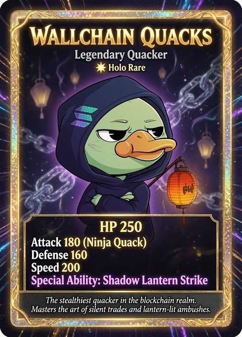 The image features a card with a cartoon duck wearing a hooded sweatshirt holding an orange lantern. The background of the card has purple and blue lights that create a mysterious atmosphere. The text on the card reads "Wallchain Quacks" and "Legendary Quacker", suggesting it is related to wallchain quacks or wallquackers, which are characters from a video game series.
