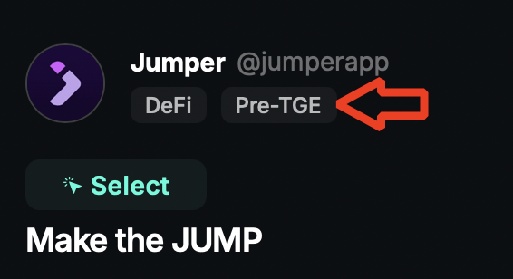 A digital interface showing the profile of 'Jumper' with the handle '@jumperapp,' tagged with 'DeFi' and 'Pre-TGE,' alongside a 'Select' button and the phrase 'Make the JUMP.'