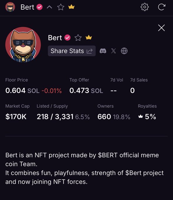A page for the NFT 'Bert' showing a floor price of 0.604 SOL, a market cap of $170K, 660 owners, and a description reading 'Bert is an NFT project made by $BERT official meme coin Team.'