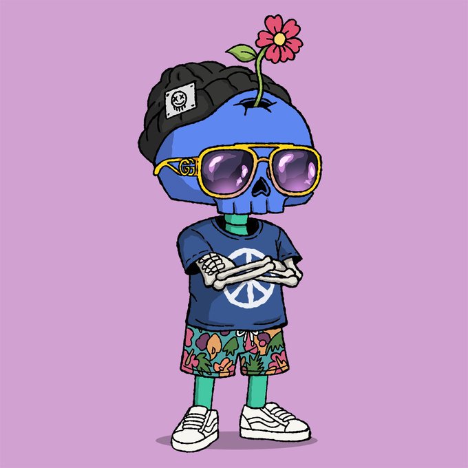 An illustration of a blue skeleton character wearing a beanie, gold-rimmed sunglasses, a peace-sign t-shirt, and floral shorts, with a red flower growing from its head against a purple background.