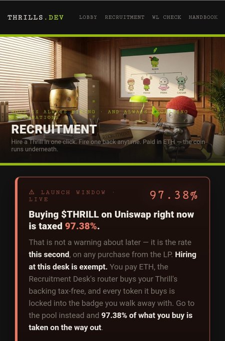 Screenshot of the THRILLS.DEV 'Recruitment' page featuring cartoon characters in an office setting, with text warning that buying $THRILL on Uniswap incurs a 97.38% tax, while hiring at the desk is tax-free.