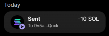 A notification from "Today" shows a sent transaction of "-10 SOL" to "9v5a...Qnkk," which corresponds to the post announcing a $10 giveaway where the user is requesting participants to engage and submit their wallet addresses for the prize.
