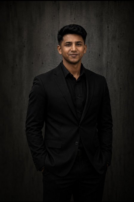 A professional portrait of a man wearing a black suit and dark shirt, posing against a dark gray textured background.