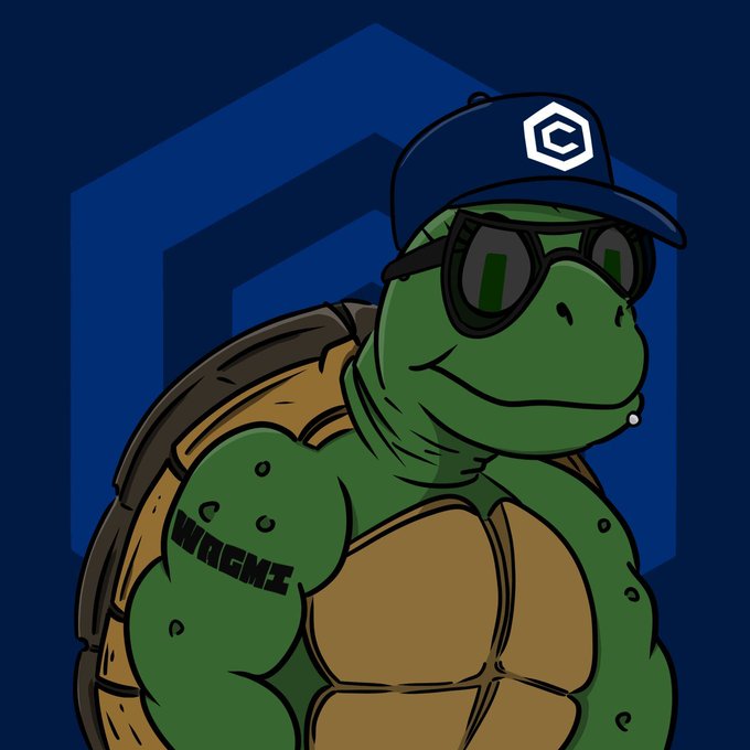 An illustrated green turtle character wearing sunglasses, a blue baseball cap with a Crypto.com logo, and displaying a 'WAGMI' tattoo on its arm, set against a blue hexagonal background.
