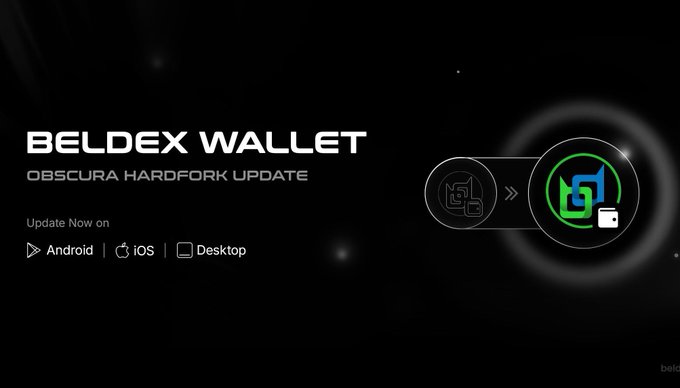 A dark promotional banner for Beldex Wallet announces the "OBSCURA HARDFORK UPDATE" with download options for Android, iOS, and Desktop, featuring circular icons showing the transition from an old wallet design to the new Beldex logo. The image ties directly to the post by highlighting the Beldex Wallet as the user-friendly gateway for managing $BDX, reinforcing the message that accessible blockchain tools are key for newcomers entering crypto.