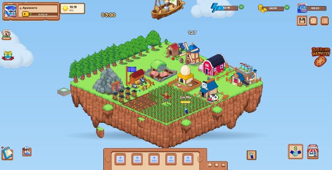 A screenshot of a farming simulation game showing a floating island with crops, buildings, and various UI elements.