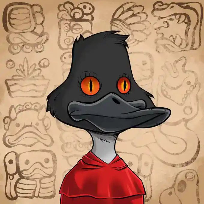 A cartoon illustration of a black duck-like character with glowing orange eyes wearing a red shirt, set against a beige background covered in Mayan-style glyph drawings.