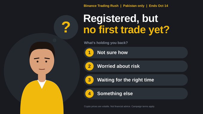 An advertisement asking 'Registered, but no first trade yet?' for a 'Binance Trading Rush | Pakistan only | Ends Oct 14' campaign, listing options like 'Not sure how,' 'Worried about risk,' 'Waiting for the right time,' and 'Something else.'