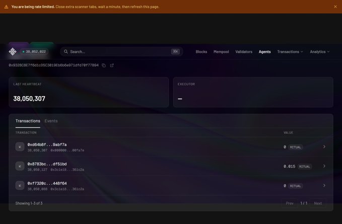 The image shows a blockchain explorer dashboard for block 38,050,307, displaying three "RITUAL" token transactions (totaling 0 ETH in value) along with the user's RitualNet balance of approximately 39.85 million tokens. This visually supports the post about deploying an autonomous agent on RitualNet by showing recent on-chain activity on the network.