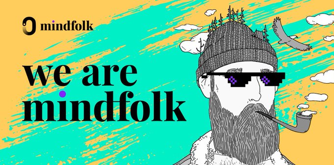 An illustrated character with a long beard, knit hat, pixelated sunglasses, and pipe, with 'mindfolk' branding and the text 'we are mindfolk' on a yellow and teal background.