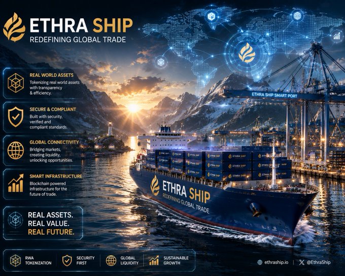 A promotional banner for 'ETHRA SHIP' with the tagline 'REDEFINING GLOBAL TRADE', featuring a container ship at a smart port and listing features like real world assets, secure & compliant, global connectivity, and smart infrastructure.