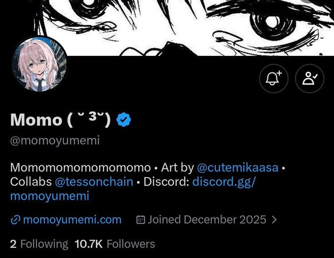 A Twitter/X profile page for "Momo (˘ ³˘)" (@momoyumemi) with a verified badge, featuring an anime-style pink-haired character avatar against a black header with manga-style eyes, displaying 10.7K followers and listing collabs with @tessonchain and artwork by @cutemikaasa, which corresponds to the Momo Yumemi NFT project details mentioned in the post.