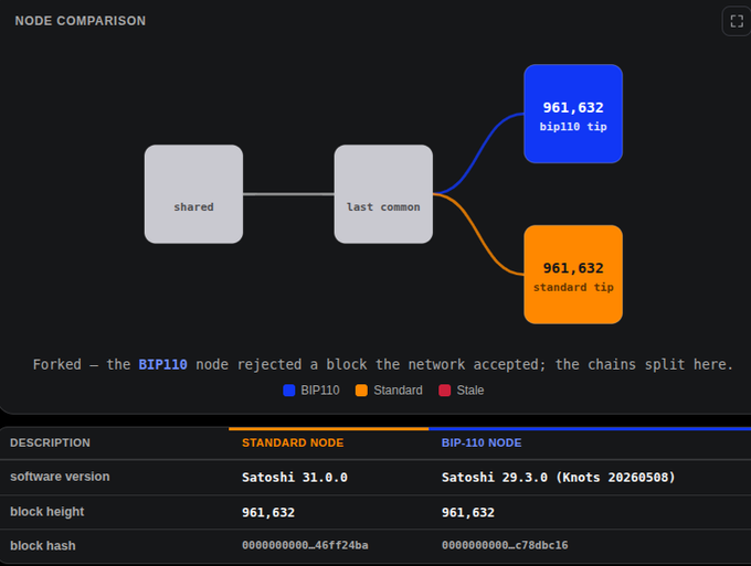 A "NODE COMPARISON" screen shows a blockchain fork visualization where a "last common" block splits into a blue "bip110 tip" and an orange "standard tip," both at block 961,632. The comparison table shows the standard node running "Satoshi 31.0.0" versus the BIP-110 node on "Satoshi 29.3.0 (Knots 20260508)."
