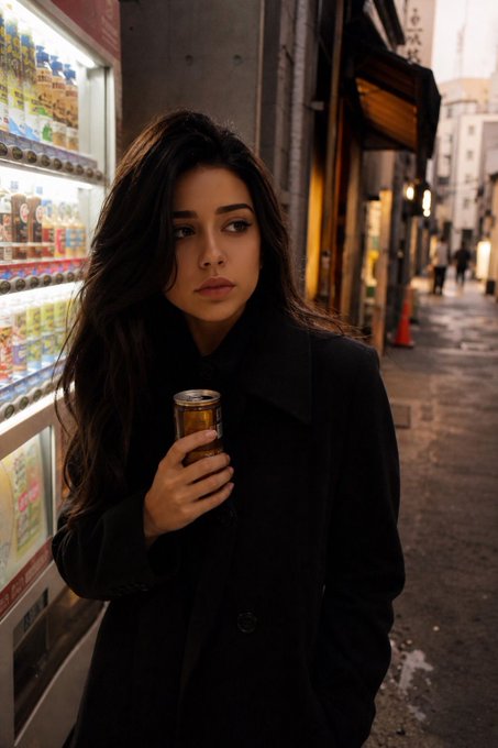 A portrait of a woman with long dark hair in a black coat holding a canned drink, standing on a dimly lit street next to a vending machine.