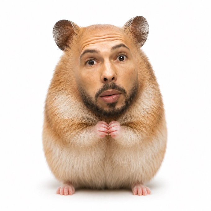 A fluffy golden hamster with a man's bearded, wide-eyed face looks surprised with its tiny paws held together. The surreal image humorously personifies the "Hamster Tate" meme coin character mentioned in the post, visually representing the project's quirky mascot for the Solana-based crypto launch.