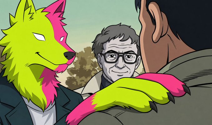 The image shows a stylized illustration featuring an anthropomorphic yellow and pink wolf-like character wearing a suit, placing a clawed hand on the shoulder of a dark-haired person in the foreground, while a bespectacled man smiles at them in the background. This appears to be promotional artwork for the "2wolvesxyz" NFT project referenced in the accompanying post, with no visible text or numbers in the image itself.