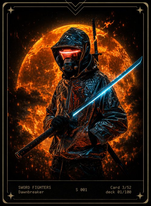 Trading card titled 'SWORD FIGHTERS Dawnbreaker S 001, Card 3/52, deck 01/100' depicting a hooded figure with a red visor and glowing blue sword against a fiery background.