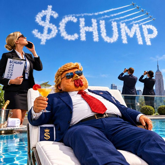 A plush caricature of a Trump-like figure lounges poolside with a cocktail, while a suited assistant holds a clipboard labeled "$CHUMP" and jets spell out "$CHUMP" in the sky. The satirical imagery plays on the post's playful "GM $CHUMP" greeting, using absurd wealth imagery to mock the volatile crypto trading scene where traders rotate from coins like ARC back to RH.
