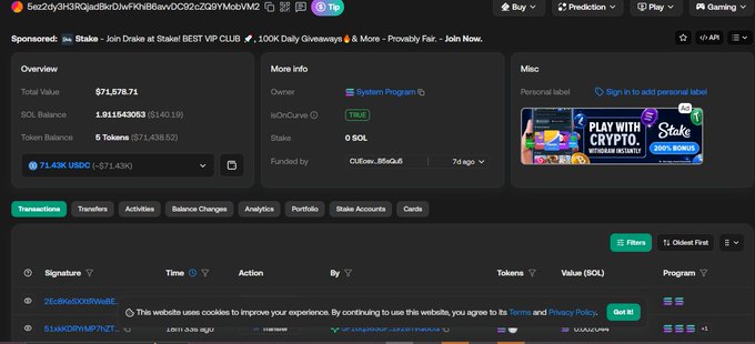 A dark-themed blockchain explorer interface displaying token analytics for a token identified as "Stake" with the address "5eZdyGH3RjadBfWDtwFNhB6swDC92cZQ9YMo8VMZ", showing a total value of $71,878.71 and a SOL balance of 1911643063.