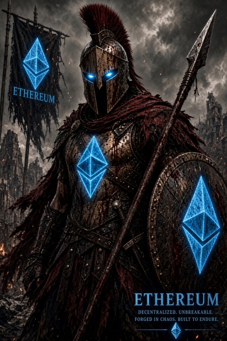 A digital artwork of a Spartan warrior with glowing blue eyes holding a banner and shield, all adorned with the Ethereum logo, accompanied by the text 'ETHEREUM: DECENTRALIZED. UNBREAKABLE. FORGED IN CHAOS. BUILT TO ENDURE.'