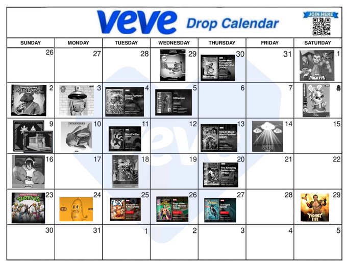 A monthly 'veve Drop Calendar' showing scheduled digital collectible drops across various dates, featuring items like Roy Lichtenstein, Mightys, Bullrider, Mighty Bowl x Hello Fresh, and I Need Space.