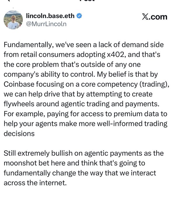 A tweet from @MurrLincoln (lincoln.base.eth) discussing Coinbase focusing on trading and agentic payments as a moonshot bet.