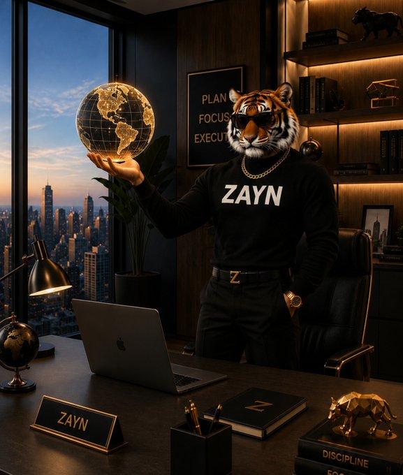 A digital artwork of a tiger-headed humanoid figure wearing a black sweater with "ZAYN" printed on it, holding a glowing golden globe in an office setting with a nameplate and a book titled "DISCIPLINE".