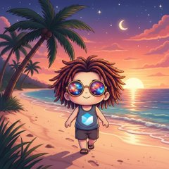An illustration of a chibi-style character with dreadlocks and sunglasses standing on a beach at sunset with palm trees.