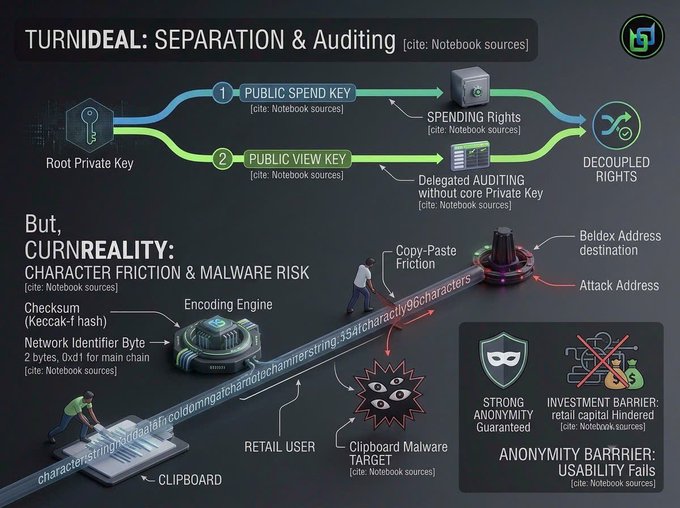 A technical infographic titled 'TURNIDEAL: SEPARATION & AUDITING' explaining public spend/view keys and decoupled rights, contrasted with a 'CURNREALITY' section highlighting character friction and malware risks from copy-pasting crypto addresses.