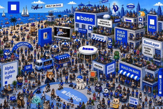 A densely illustrated "Basecamp" scene filled with crowds of pixelated characters, mascots, and prominent signage such as "BUILT ON BASE," "ONCHAIN IS THE NEW ONLINE," "BaseLayer Global Onchain," "STAY BASED," and "TOKENS > VCS," with the Base logo (a blue square) appearing throughout. The image relates to the question "Do you see $VIBE here?" by showcasing the broader Base ecosystem — featuring icons like friends, bots, dogs, cats, and people — where the playful, community-driven "vibe" is visible in the scene's atmosphere rather than as a labeled ticker.