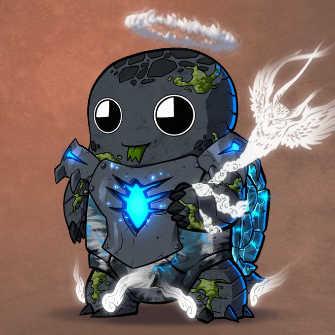 A cute cartoon-style character wearing dark grey armor with glowing blue accents, a halo above its head, and holding a glowing white bird or dragon spirit.