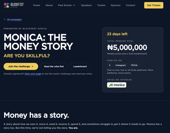 A webpage for 'BLOCKFEST AFRICA' promoting a campaign titled 'MONICA: THE MONEY STORY' with a ₦5,000,000 total reward pool, 23 days left, published on X, Instagram, and TikTok, sponsored by Monica.
