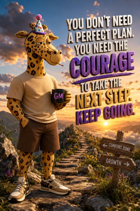 A 3D illustration of an anthropomorphic giraffe wearing a party hat and holding a mug, standing on a mountain path with motivational text: 'You don't need a perfect plan. You need the courage to take the next step. Keep going.'