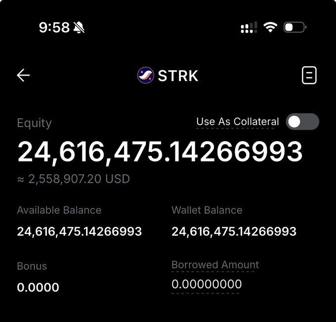 A mobile app screenshot showing an STRK cryptocurrency equity balance of 24,616,475.14266993 (approximately 2,558,907.20 USD) at 9:58.