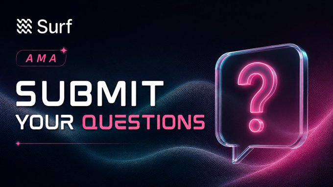 A promotional banner for 'Surf AMA' inviting users to 'SUBMIT YOUR QUESTIONS' with a neon pink question mark speech bubble on a dark background.