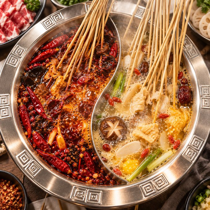 A classic Chongqing-style "九宫格" yin-yang hot pot split between fiery red spicy broth with chilies and peppercorns, and a milder clear broth with mushrooms, corn, and vegetables, brimming with bamboo skewers ready for dipping. The image perfectly matches the post's invitation to "come to Chongqing" for hot pot, while the casual financial aside about $FXN hitting 30 and checking inside "the Locker" is unrelated to the food scene pictured.