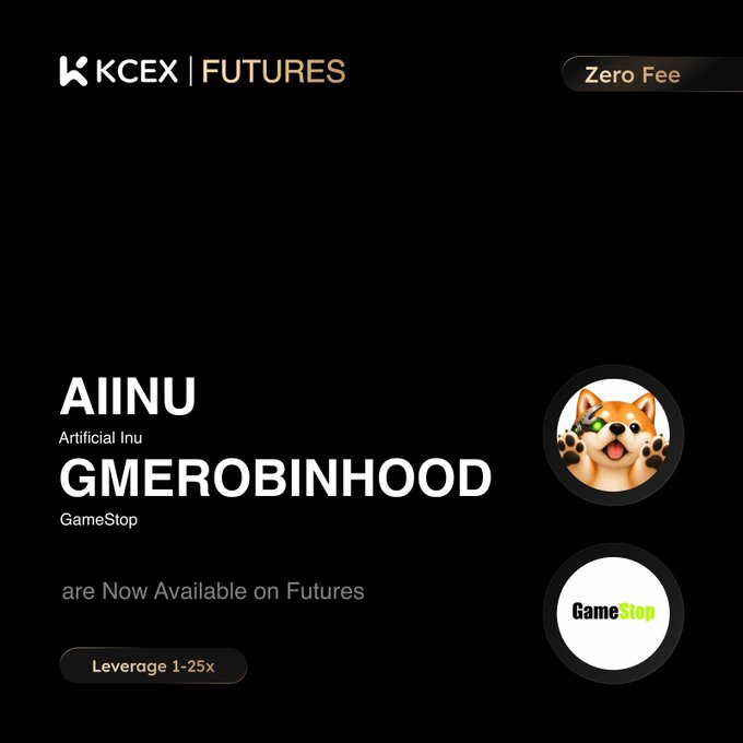 KCEX Futures ad announcing AIINU (Artificial Inu) and GMEROBINHOOD (GameStop) are now available on Futures with 1-25x leverage and zero fees.